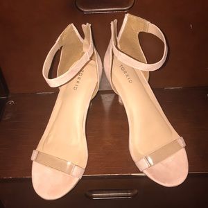 Light pink sandal heels with clear strap. Torrid